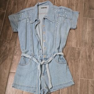 Denim Studded Short Sleeve Romper